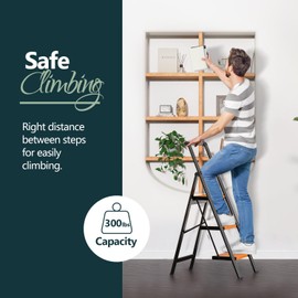 WOA WOA 3 Step Ladder, Kitchen Step Stool with Handrail for Adults, Folding Ladder for Home, Lightweight Household Stepladder, Wide Steps, Non-Slip Feet, Hold 330 lbs - Black&Wood Grain