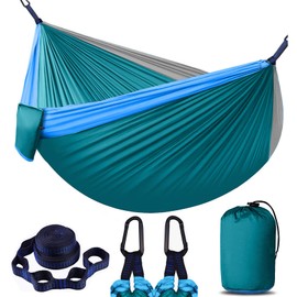 Double Camping Hammock, Two Person Hammocks with 2 Tree Straps(16+2 Loops), Portable Lightweight Hammock with 210T Nylon Parachute for Backpacking, Outdoor, Beach, Travel, Hiking, Gear - Lake Blue