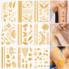 Zasiene Gold Temporäre Tattoos Erwachsene, 9 Blatt Flash Damen Festival Tattoos Zum Aufkleben, Klebetattoos Festival Zubehör, Gesichtstattoo Karneval Glitzer Accessoires Für Party