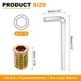 sourcing map 100 Pcs Threaded Insert for Wood, 5/16" - 18 Carbon Steel Threaded Studs Hex Socket Drive Nut Inserts Screw in Nut Fastener Connector with Hex Wrench 20mm Length for Home, Gold