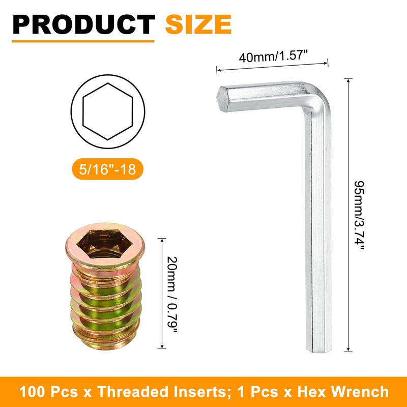 sourcing map 100 Pcs Threaded Insert for Wood, 5/16" -