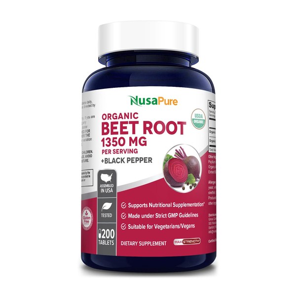 NusaPure Beet Root 1,350 mg 200 Organic Tablets (Vegetarian, USDA, Non-GMO & Gluten-Free) Black Pepper