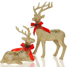 Juegoal Christmas Tabletop Decorations, Set of 2 Glitter Golden Reindeer Figurines, 12.6" Xmas Plastic Deer Table Ornaments Mantle Centerpieces Decor
