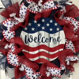 Patriotic Welcome Wreath with Wood Look Gray Background Handmade Deco Mesh Available in 24 inch and 28 inch diameters