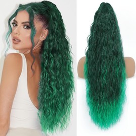 HYYLFS Claw Clip in Ponytail Extension 30 Inch Long Wave Curly Pony Tail Hair Extensions for Women fluffy Natural Looking Synthetic Hairpiece for Daily Use(Omber Green, 30Inch)