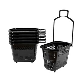 6PCS Shopping Cart, 35L/9.2gal Portable Plastic Rolling Shopping Basket with Wheels and Handles, 110lbs Capacity Grocery Basket Shopping Basket Set for Supermarkets, Retail Stores, Bookstores (Black)
