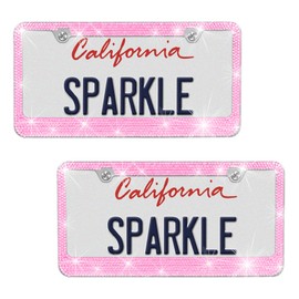 BDK Stainless Steel Pink Sparkly Sparkling Diamond Crystal Bling Premium License Plate Frame Metal Silver Rhinestone for Women Universal Size for Car Truck SUV (Pack of 2)