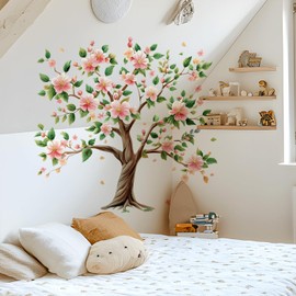 Peach Tree Wall Decals Removable Pink Peach Blossom Leaves Wall Stickers Peel and Stick Vinyl Waterproof Wall Decor for Bedroom Living Room Bathroom Nursery Classroom Decorations