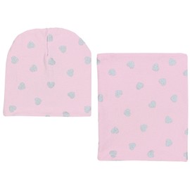 TupTam Unisex Children's Beanie Hat Tube Scarf Set, Hearts glitter grey/powder pink grey mottled