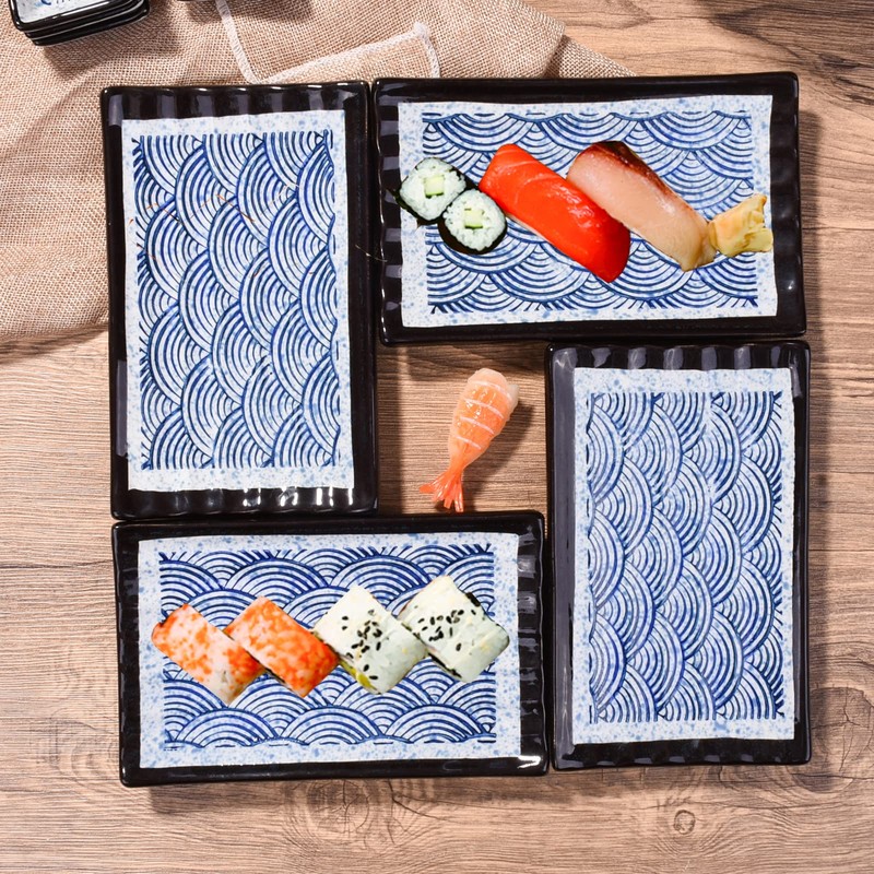Cerficer Japanese 8 Inch Sushi Plates Blue Wave Cracker Tray