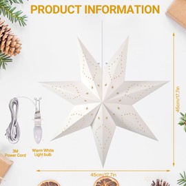 ZZXLOPEZ 45 cm LED Paper Star Illuminated for Hanging, Advent Luminous Star Window with Warm White E14 Lamp, 3D Star Window, Christmas Decoration Indoor for Hanging with Lighting - White Paper Star