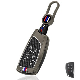 Aoocar 6 Button Heavy Metal Key Fob Cover, Compatible with 2021 2022 2023 2024 2025 GMC Yukon Denali Sierra, Fit for Chevy Silverado Suburban Tahoe Buick, with Carbon Fiber Pattern, Gunmetal (1 Pcs)
