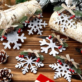 12 Pcs Rustic Christmas Tree Ornaments Snowflake Wooden Ornaments Christmas Farmhouse Galvanized 3.94'' Vintage Snowflake Hanging Ornament with Bow Pine Cones Decorations for Winter Country