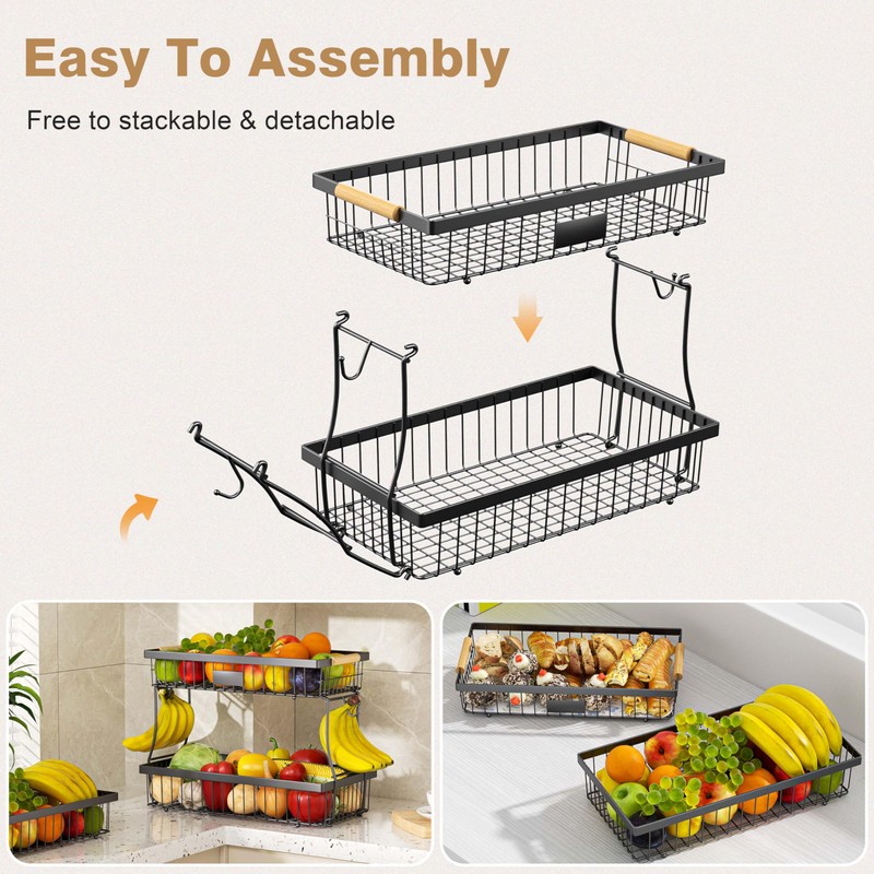 VANZBON 2 Tier Fruit Basket for Kitchen Counter,Wire Tiered Fruit