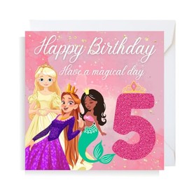 Second Ave Cute Pink Princess 5th Birthday Age 5 Square Children's Kids Birthday Greeting Card for Girl