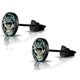 SIISPRI 316L Hypoallergenic Surgical Stainless Steel Black Skull Round Circle Button Stud Post Earrings 10MM, Stainless Steel, No Gemstone