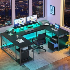 DWVO U Shaped Desk with Drawers, 79" Reversible L Shaped Desk with Power Outlets & LED Lights, Corner Computer with Monitor Stand & Storage Shelves, Black