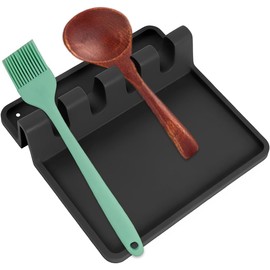Reposacuchara de silicona, resistente al calor, duradero con almohadilla para goteo, sin BPA, reposacucharas para encimera, apto para utensilios de cocina, espátulas, pinzas, cucharones (negro)