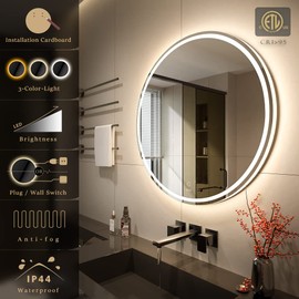 KWW 24 Inch Large Modern LED Round Bathroom Vanity Mirror, Color Temperature Adjustable, Anti-Fog Dimmable Lights, Easy to Install, Wall Mounted Makeup Mirror with Smart Touch Button