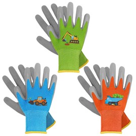 WAWSAM Kids Gardening Gloves 3 Pairs Toddlers Rubber Coated Work Gloves (Light Green+Blue+Orange, 3-5 Years)
