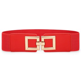 JasGood Women's Wide Elastic Waist Belt Vintage Waist Belt Stretchy Dresses Belt with Golden Buckle, red