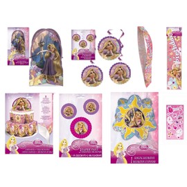 Tangled Rapunzel Party Decoration Kit Includes 3 Hanging Swirl, Favor Box Centerpiece with 8 Favor Boxes, 3 Tissue Hanging Fans, 3D Glitter Centerpiece, Hanging 3D Decorations, Sash