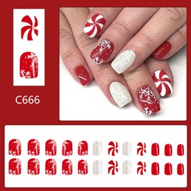 Christmas Press On Nails Short Square Red Nails Press On Snowflakes Fake Nails with Designs Glitter Red White Stripe Nails Full Cover Acrylic Glue On Nails Short Cute Stick On Nails for Women 24PCS