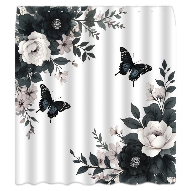 CWHCWA Black Grey Floral Shower Curtain, 70x70 Inch