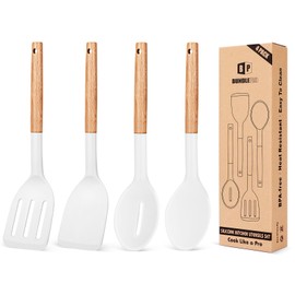 Pack of 4 Silicone Cooking Utensils Set, Non Stick Solid Spatulas and Heat Resistant Slotted Spoons with Wooden Handle, Ideal Wood Kitchen Utensils Set for Frying,Serving,Turning,Stirring (WHITE)