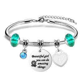 Inspirational Bracelet Jewellery Gift For Girls,Silver Heart Pendant 26 Initial Letter A-Z Bracelet For Daughter Sisters Friends "Beautiful girl you can do amazing things" (V)