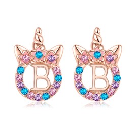 TRWWELL Cute Rose Gold Initial B Unicorn Hypoallergenic Stud Earrings CZ Rhinstone Initial Letter Stud Earrings Unicorns Jewelry Gifts for Girls 3 years old +