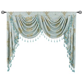 JADE POKE European Floral Valance for Windows Waterfall Valances for Living Room Aqua Tassels Valance for Bathroom - Damask Valance with Beads Swag Valance for Party Rod Pocket (1 Panel, W59 Inch)