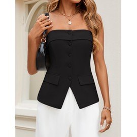 ZESICA Women's 2025 Trendy Strapless Blazer Vests Summer Dressy Tube Vest Tops Elegant Clothes,Black,Medium