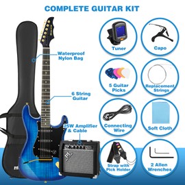 MUSTAR Electric Guitar Kit, 39 Inch Full Size Solid Wood Electric Guitar Beginner Kits with 25W Amplifier, Gig Bag, Digital Tuner, Capo, Strap, Cable and Picks, Sunburst