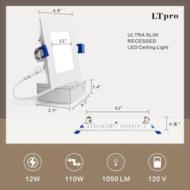 4 Inch Square LED Recessed Lighting, 5CCT Selectable 2700K/3000K/3500K/4000K/5000K, 750LM Slim Flat Panel with J-Box, IC Rated, 4in Dimmable Canless LED Downlight for Shower, Living Room (1 Pack)