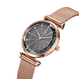 Alienwork SK Women’s Minimalist Watch with Ultra Flat Mesh Strap, Rose gold/rhinestones