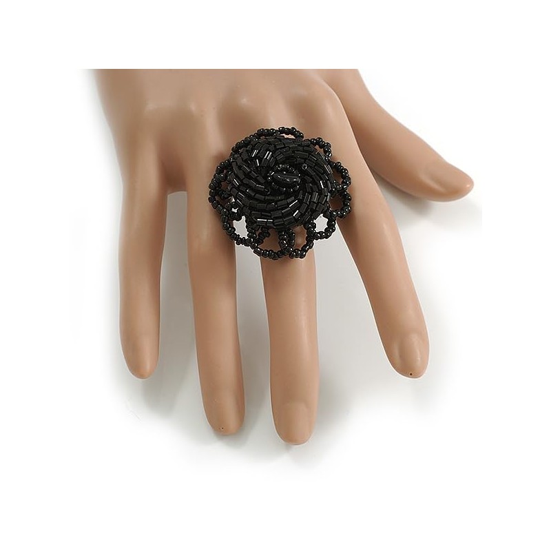 Avalaya 40mm Diameter/Black Glass Bead Daisy Flower Flex Ring/Size M