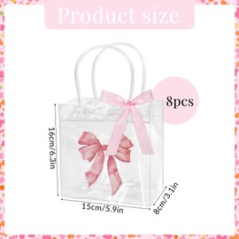 Dmnnlp 8 Pcs Pink Bow Clear Gift Bags, Small Birthday Bag with Handle Ribbon Bow, Party Pink Bags for Birthdays Wedding Baby Shower Mother's Day Bachelorette Hen Party Gift Decoration (Large Bow)