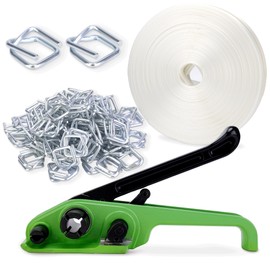 DJSUNPACKING Banding Strapping Kit Pallet Packaging Strapping Tool Set,Upgraded Strapping Tensioner，3/4" x 330' Heavy Duty Woven Cord (2500 LBS Break Strength), 100 Metal Wire Buckles