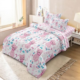 SIRDO Kids Cat Bedding Twin Size Bed in a Bag, Cute Pink Animal Comforter Set for Teen Girls Bedroom Decor, Kawaii Floral Butterfly Bedding Sets & Collections