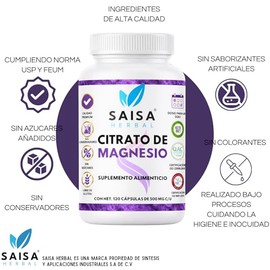 Citrato de Magnesio 500 mg | 120 Cápsulas | 100% Puro | Alta Absorción y Biodisponibilidad | Saisa Herbal | Apoyo Muscular, Energía y Sueño Natural