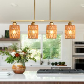 Ovyiech Rattan Kitchen Island Lighting,Farmhouse Boho Coastalv Chandelier,4-Light Bohemian Rustic Pendant Light for Dining Room,Height Adjustable,Woven Hanging Lights Fixture Over Table