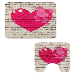 Ambesonne Love Bathroom Rug Set 2 Pieces, Heart Design Elements Love Letter Handwriting Calligraphy Curve Old Style Print, Water-Resistant Rectangle Floor Rug & U-Shape Contour Mat, Beige Magenta