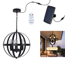 MOUFIER Solar Pendant Light,3-Light Globe Outdoor/Indoor Solar Chandelier,Black Metal Orb Design,Waterproof Dimmable Hanging Pendant Lights for Gazebo, Pergola, Canopy,Garden