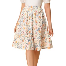 Allegra K Women's Summer Ruffle Skirt Hem Flowers A-Line High Waist Knee-Length Midi Skirt, White