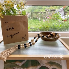 OMISHE Wood Bead Garland with Tassels 61 Inches, Wooden Beads Garland, Boho Home Decor, Decorative Beads Garland Decor, Farmhouse Beads Garland for Tiered Tray Decor Beige Black