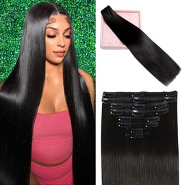 POGINJA Clip in Hair Extensions Real Human Hair, Remy Human Hair Clip in Extensions for Black Women, Invisible Natural Straight Seamless Clip ins Hair Extensions 8pcs Double Weft #1B 16inch 90g
