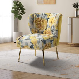 Tina's Home Accent Chair with Golden Legs, Comfy Tufted Wingback Living Room Chair Floral Fabric Small Armless Side Chair, Upholstered Slipper Chair for Bedroom, Reading Room (Flower Print, Yellow)