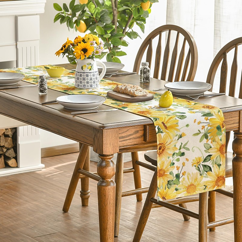 Artoid Mode Eucalyptus Sunflower Floral Summer Table Runner, Yellow Seasonal