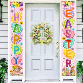 Wuhetyo Happy Easter Porch Banner with Bunny Egg tulip Party Front Door Sign Spring easter backdrops Wall Hanging Spring Decorations for Home Office Farmhouse Holiday Decor